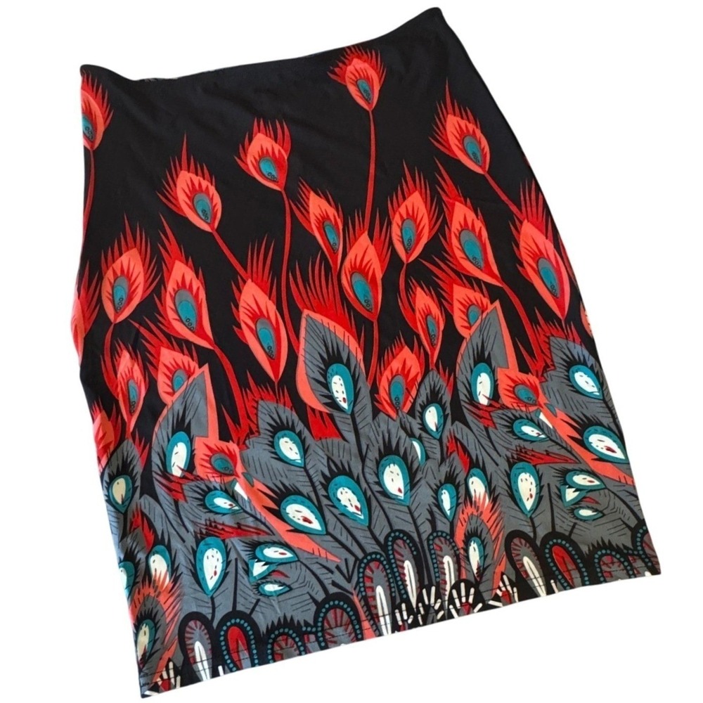 White Mark Pencil Skirt Women M Red Peacock Feather Print Stretch NWT Y2K